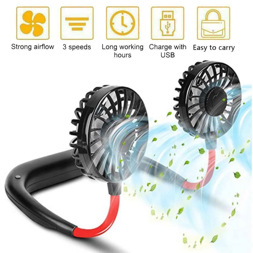 New Update Hands-Free Neck Band Hands-Free Hanging USB Rechargeable Dual Fan Mini Air Cooler Summer Portable 1200mA - Oshi.pk - Buy & Sell Online