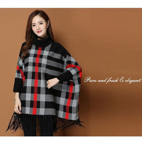 New Women's Checkered Bat-Wing Style Printed Fleece Poncho