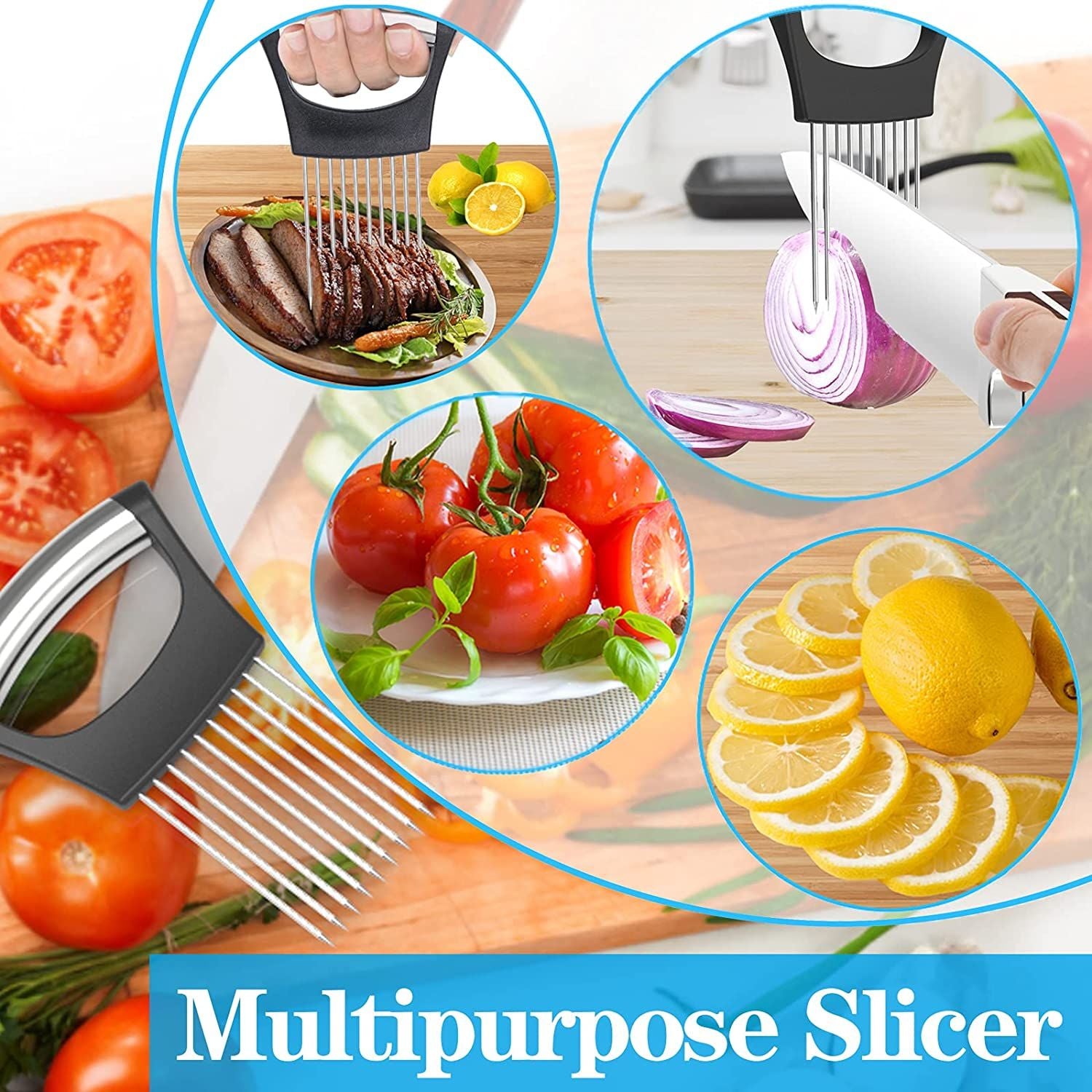 Onion Slicer Holder Stainless Steel, Vegetable Holder for Slicing Easy Onion Cutter Holder Vegetable Slicer Cutting Tools Meat Potato Tomato Slicer - Oshi.pk - Buy & Sell Online