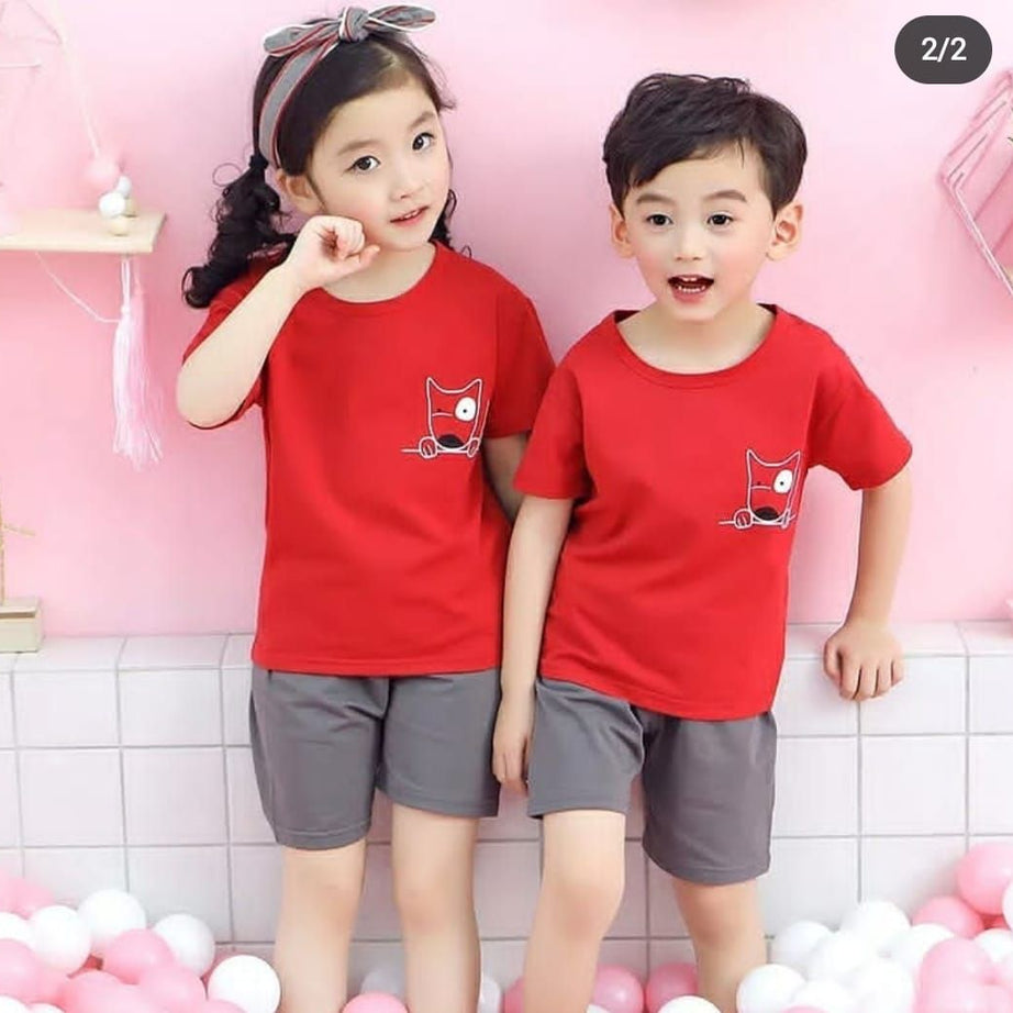 Red Tshirt and Grey Short Kids Night Dress