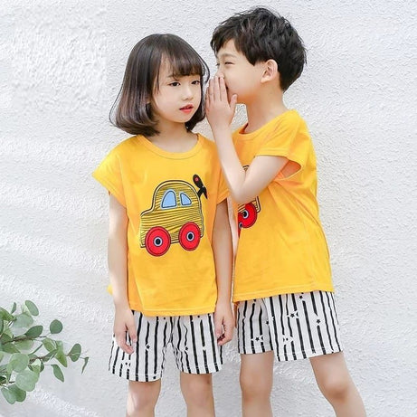 Yellow Car Tshirt and Short Kids Night Dress