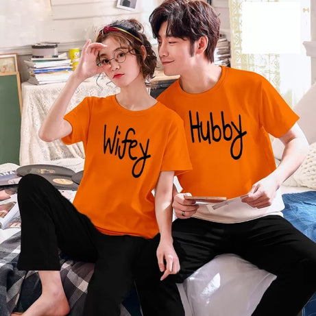 Orange Wifey and Hubby Printed Couple Night Dress ( 2 SUIT ) - Oshi.pk - Buy & Sell Online