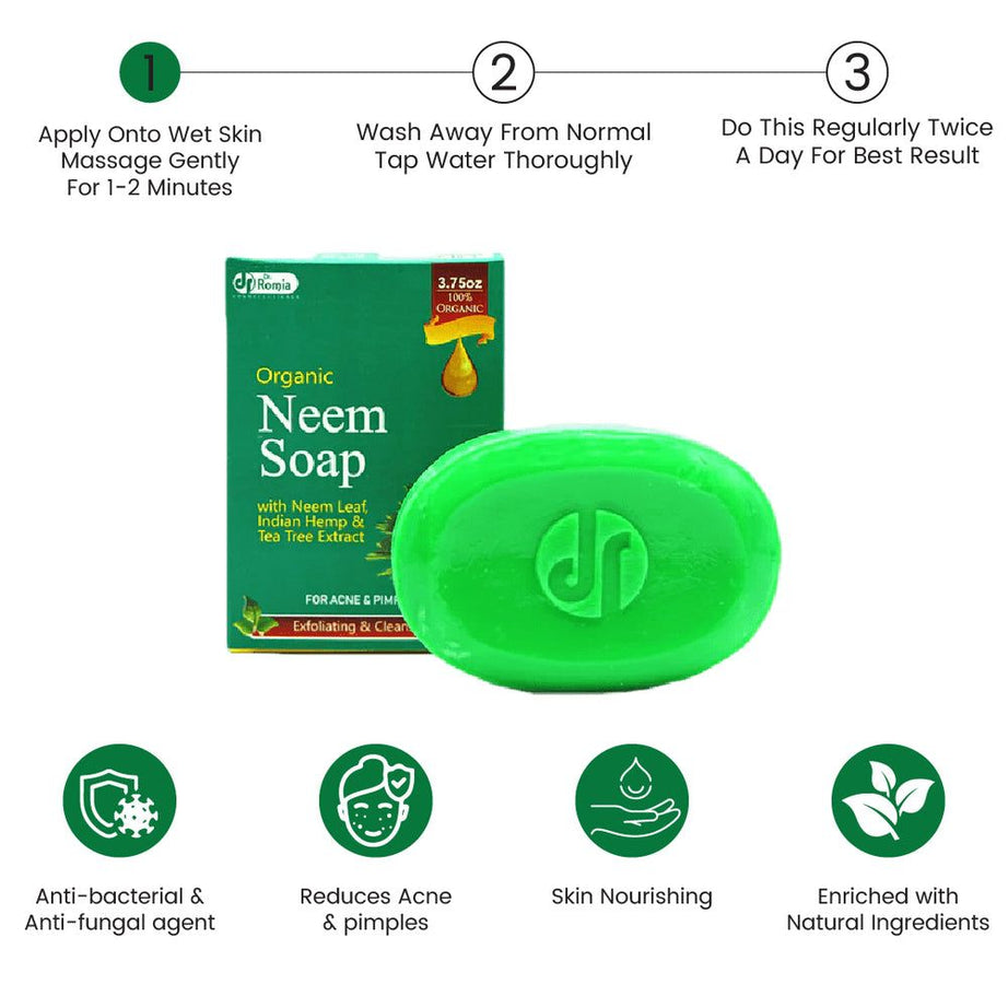 ORGANIC DR ROMIA ANTI ACNE NEEM SOAP WITH NEEM LEAF INDIAN HEMP & TEA TREE EXTRACTS 100GM - Oshi.pk - Buy & Sell Online