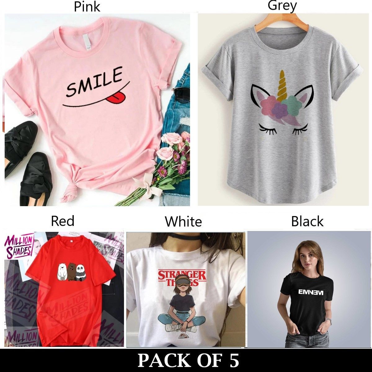 Pack Of 5 T-Shirts For Womens - Oshi.pk - Buy & Sell Online