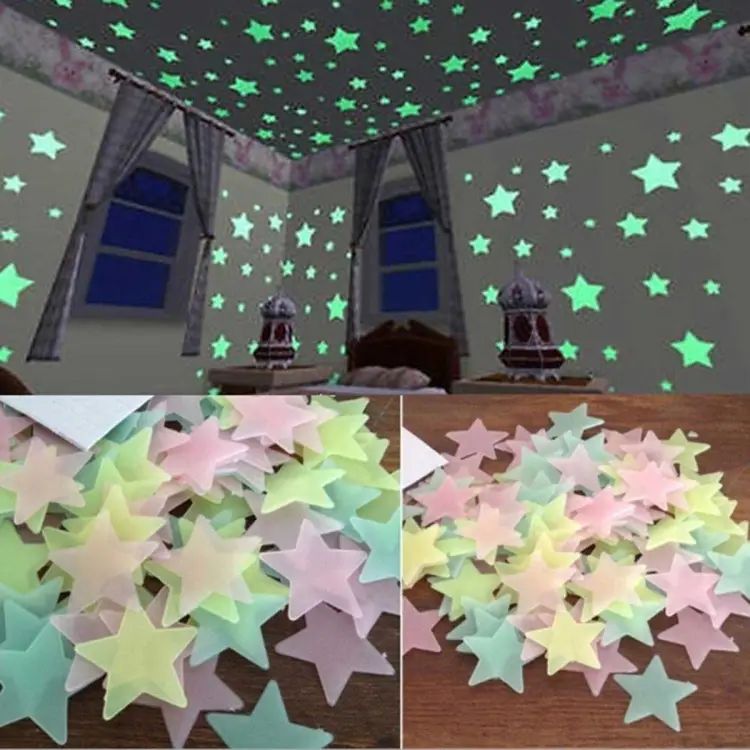 Pack Of 100 - 3D Stars Glow In The Dark Wall Stickers Luminous Fluorescent Wall Stickers For Kids Baby Room Bedroom Ceiling Home Decor - Oshi.pk - Buy & Sell Online