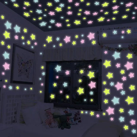 Pack Of 100 - 3D Stars Glow In The Dark Wall Stickers Luminous Fluorescent Wall Stickers For Kids Baby Room Bedroom Ceiling Home Decor - Oshi.pk - Buy & Sell Online
