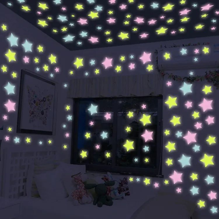 Pack Of 100 - 3D Stars Glow In The Dark Wall Stickers Luminous Fluorescent Wall Stickers For Kids Baby Room Bedroom Ceiling Home Decor - Oshi.pk - Buy & Sell Online