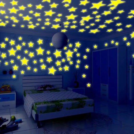 Pack Of 100 - 3D Stars Glow In The Dark Wall Stickers Luminous Fluorescent Wall Stickers For Kids Baby Room Bedroom Ceiling Home Decor - Oshi.pk - Buy & Sell Online