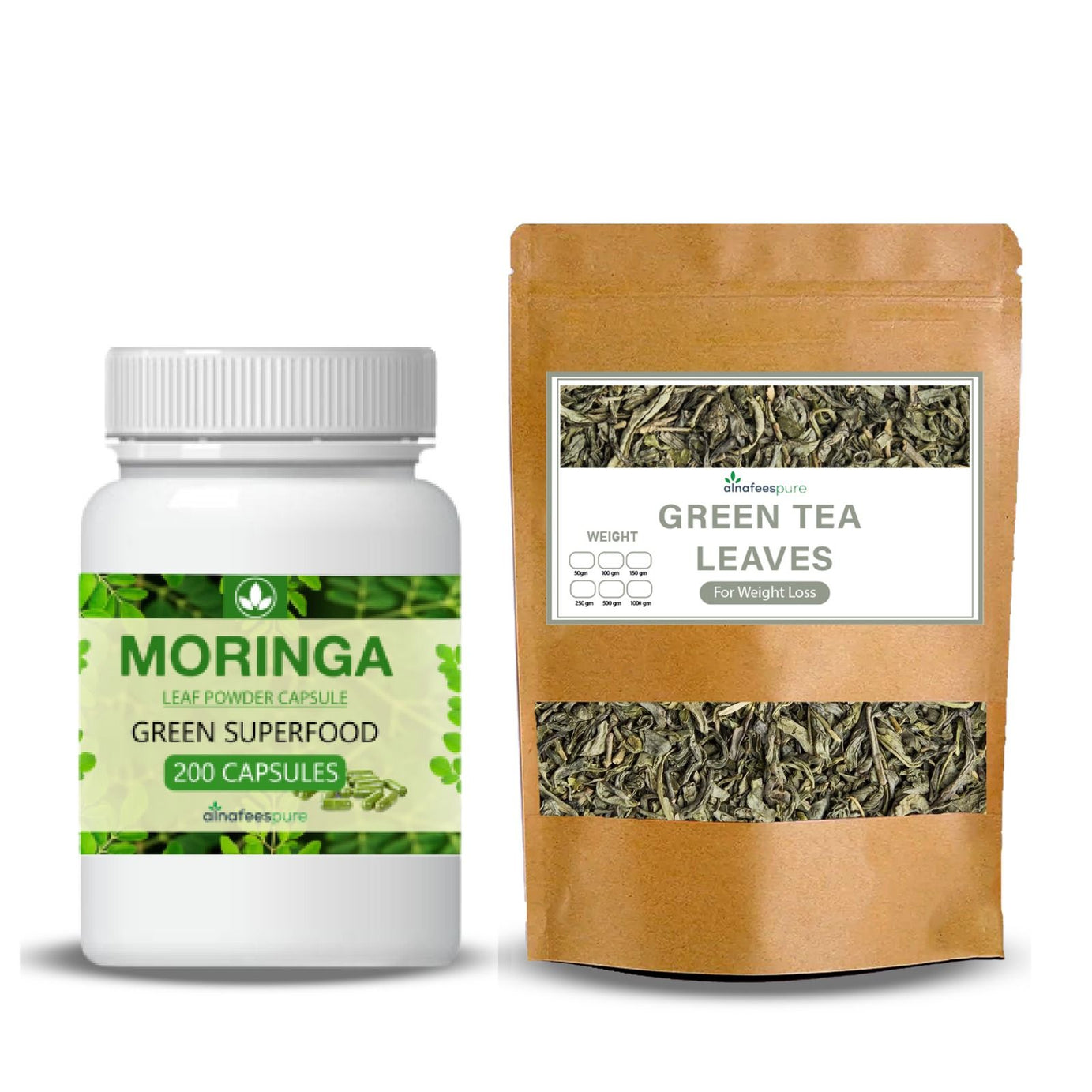 Pack of 2 - Grean Tea Leaves 100gm and Moringa 200 Capsules in Bottle for Weight Loss - Oshi.pk - Buy & Sell Online