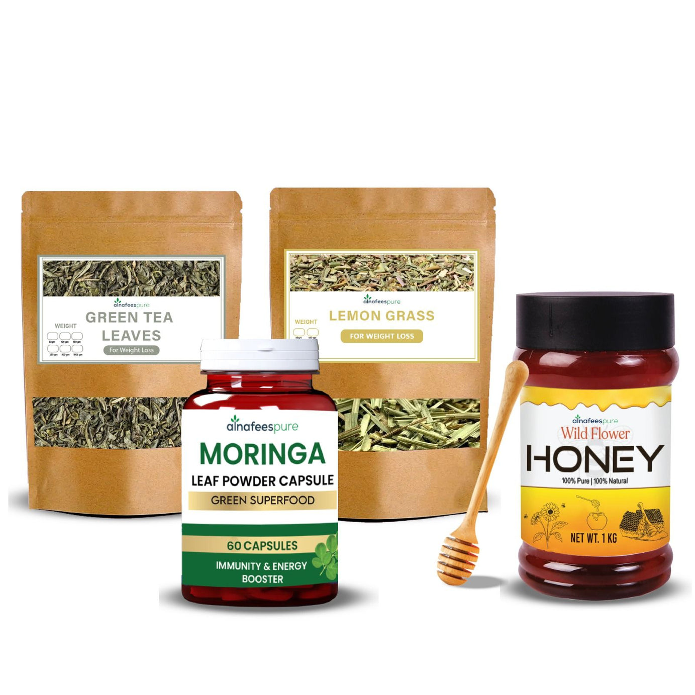 Pack of 4 - Quick Weight Loss Deal - Green Tea Leaves 100gm, Lemon Grass Leaves 100gm, and 250gm Wild Flower Honey with free Dipper and Moringa 60 Cap - Oshi.pk - Buy & Sell Online