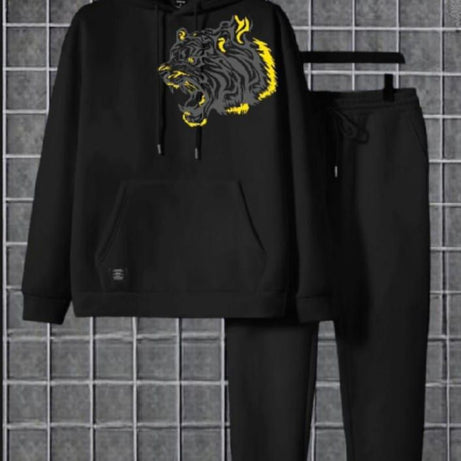 TIGER Printed Tracksuit black Huddie & Black Trouser Trendy And Amazing Fleece Pocket Drawstring Winter Wear Smart Fit Hoody