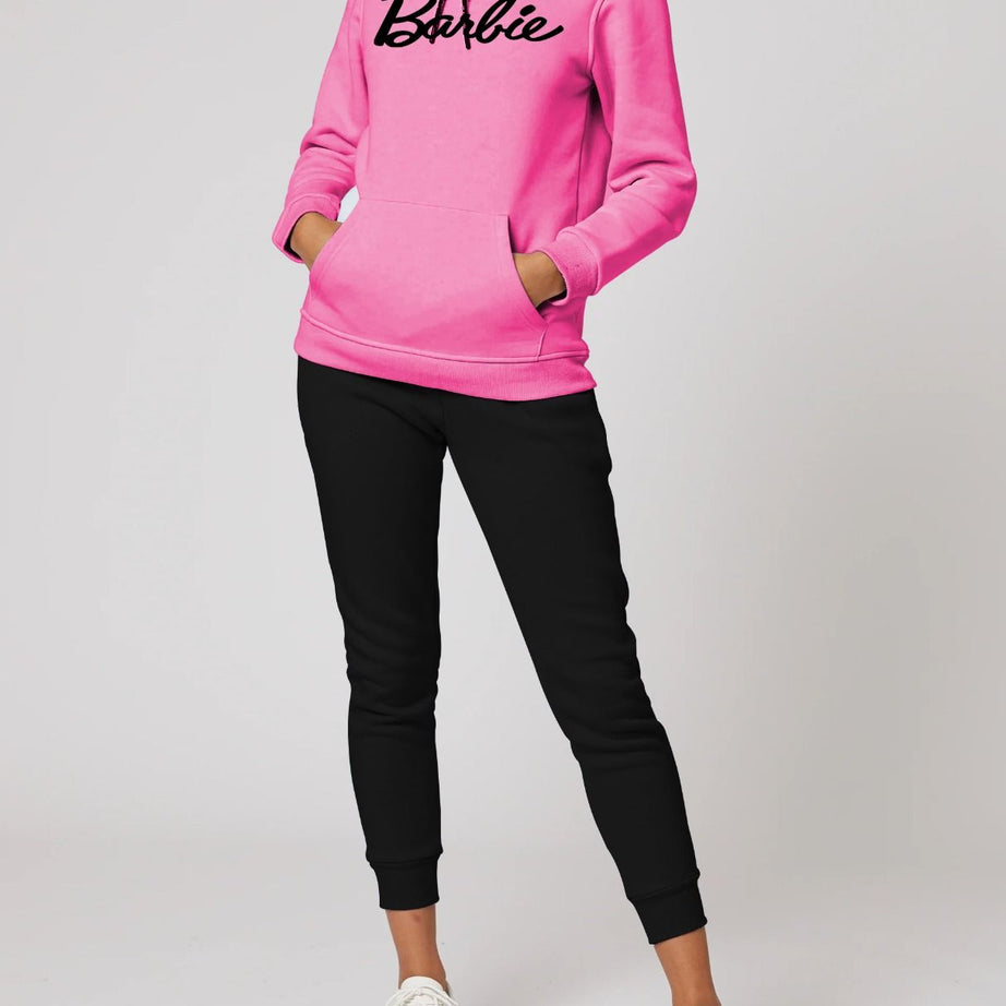 Pink Barbie Printed Winter Tracksuit With Warm Fleece Hoodie and Trouser For Women