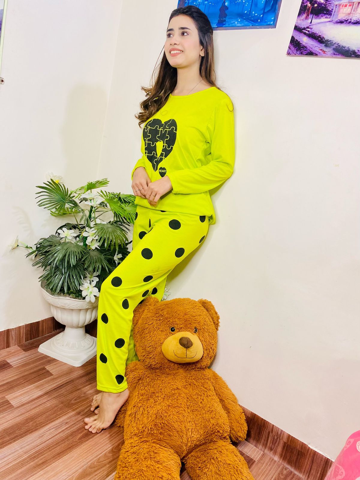 Pink Hearts Full Sleeves Pajama Night Suit For Women - Oshi.pk - Buy & Sell Online