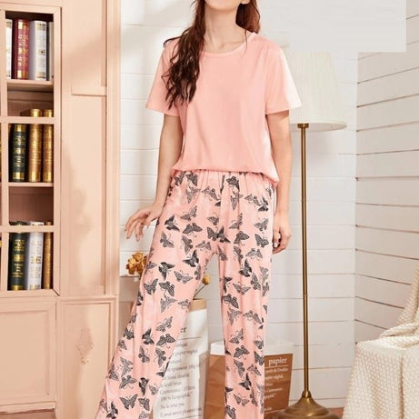 Printed Trouser Plain Tshirt Night Dress For Her