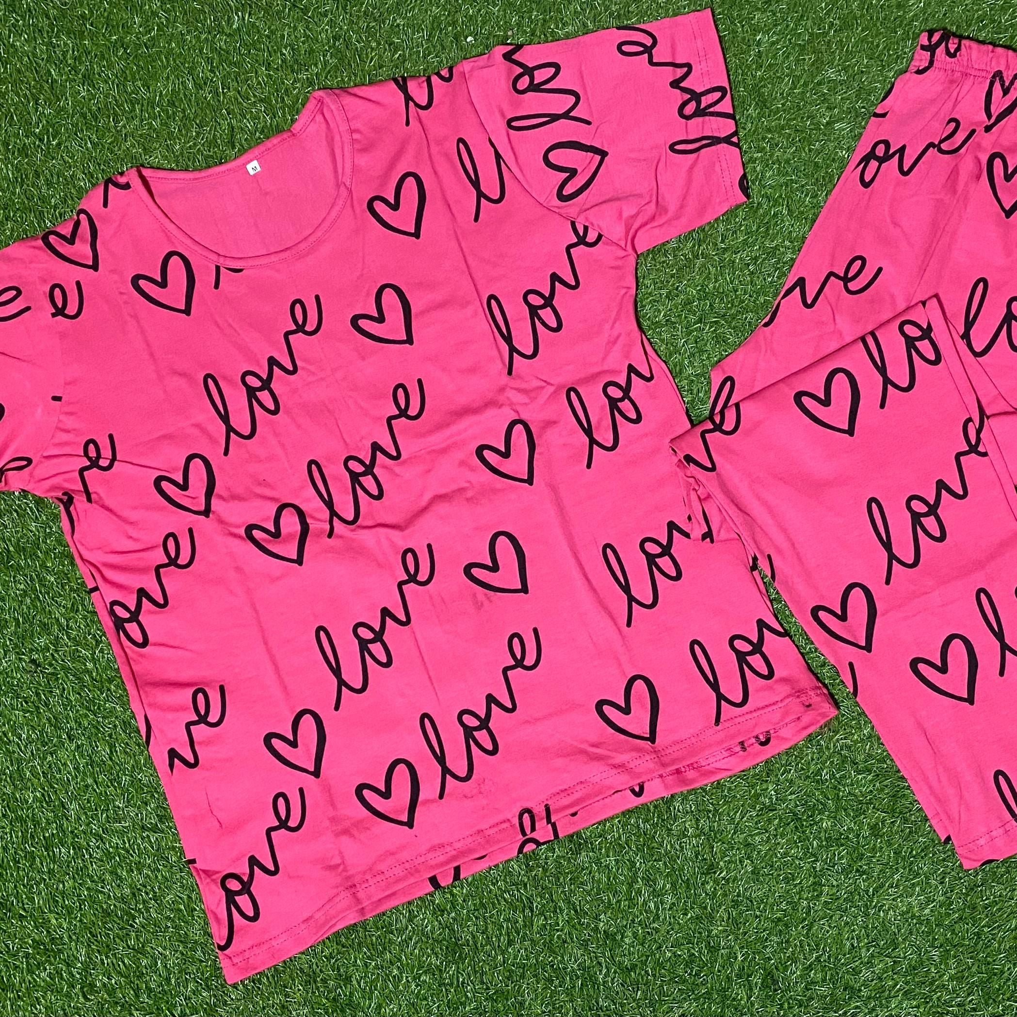 Pink Love Printed Half Sleeves Tshirt and Pajama Home Wear - Oshi.pk - Buy & Sell Online