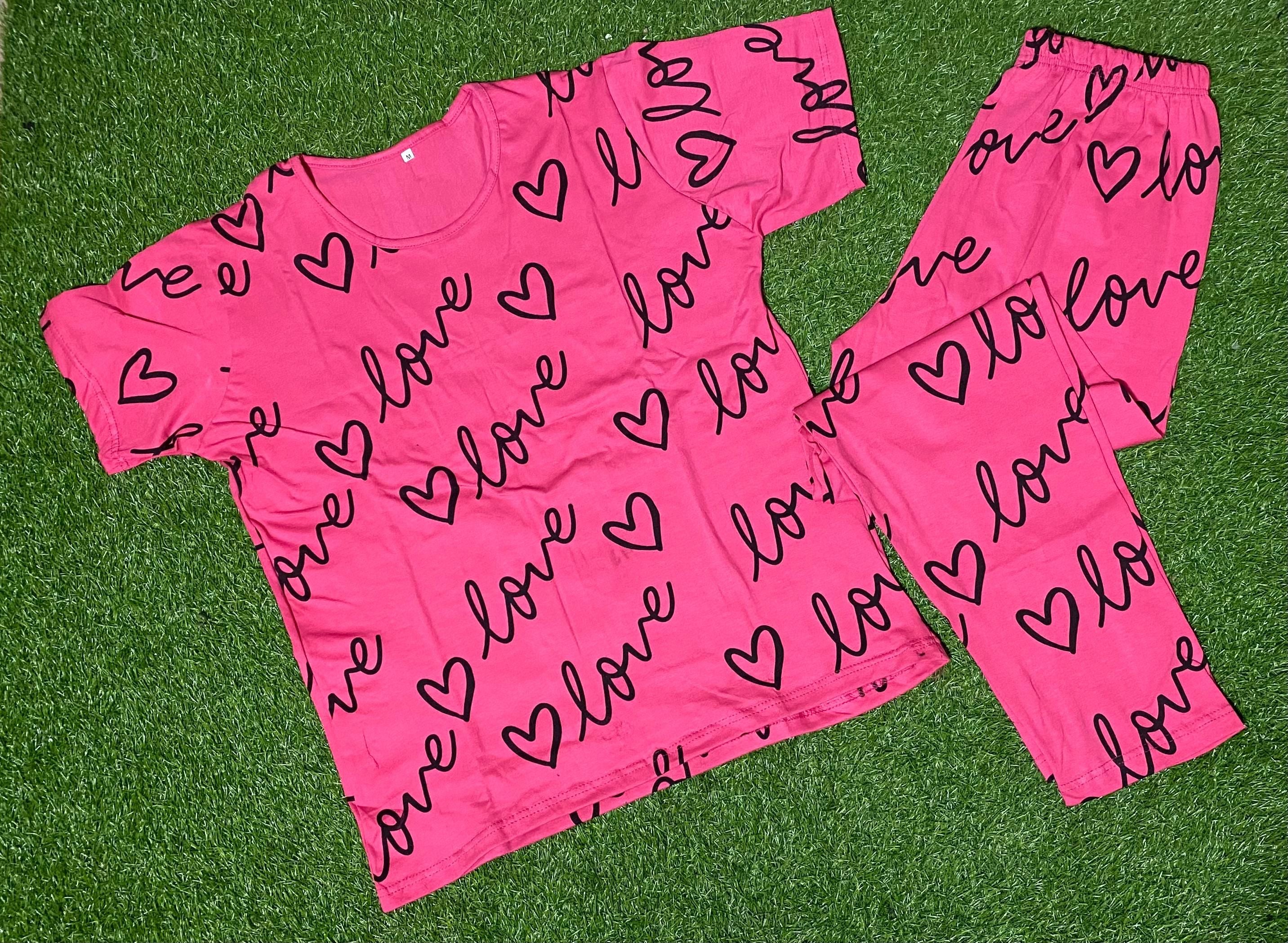 Pink Love Printed Half Sleeves Tshirt and Pajama Home Wear - Oshi.pk - Buy & Sell Online
