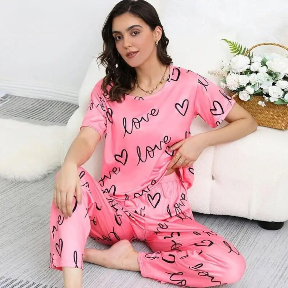 Pink Love Printed Half Sleeves Tshirt and Pajama Home Wear - Oshi.pk - Buy & Sell Online