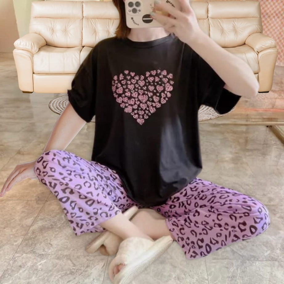 Black Heart Printed Half Sleeves Tshirt and Purple Pajama Home Wear - Oshi.pk - Buy & Sell Online