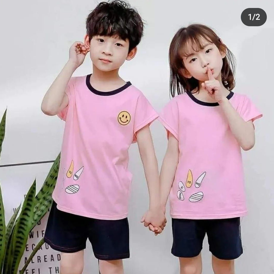 Pink Pocket Smile Kids Tshirt with Short Night Dress