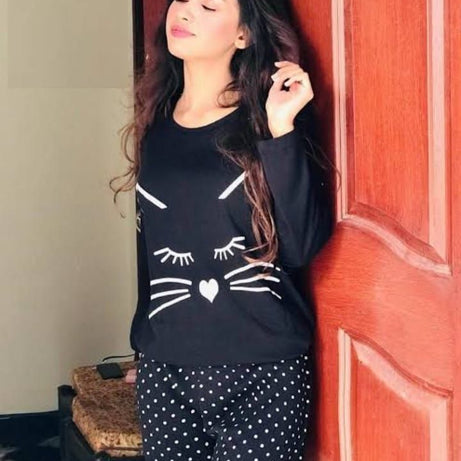 Black Meow with Dotted Style Pajama Full sleeves night suit for her - Oshi.pk - Buy & Sell Online