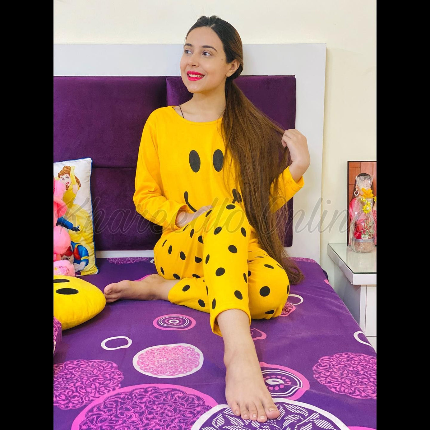 Yellow Smile with Dotted Style Pajama Full sleeves night suit for her - Oshi.pk - Buy & Sell Online