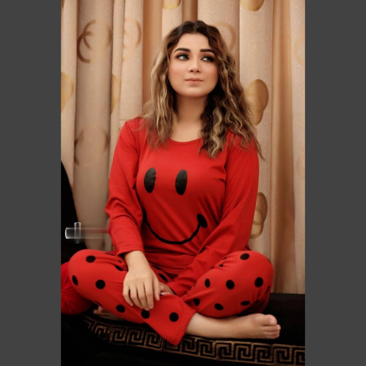 Red Smile with Dotted Style Pajama Full sleeves night suit for her - Oshi.pk - Buy & Sell Online