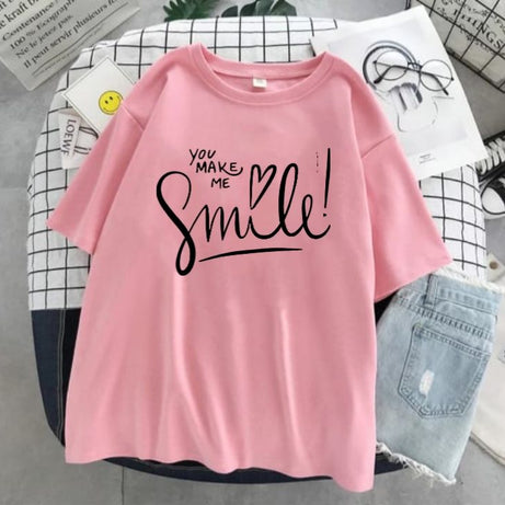 Pink T Shirt For Girls new and stylish design smile Print Summer Wear Round Neck Half Sleeves Shirt