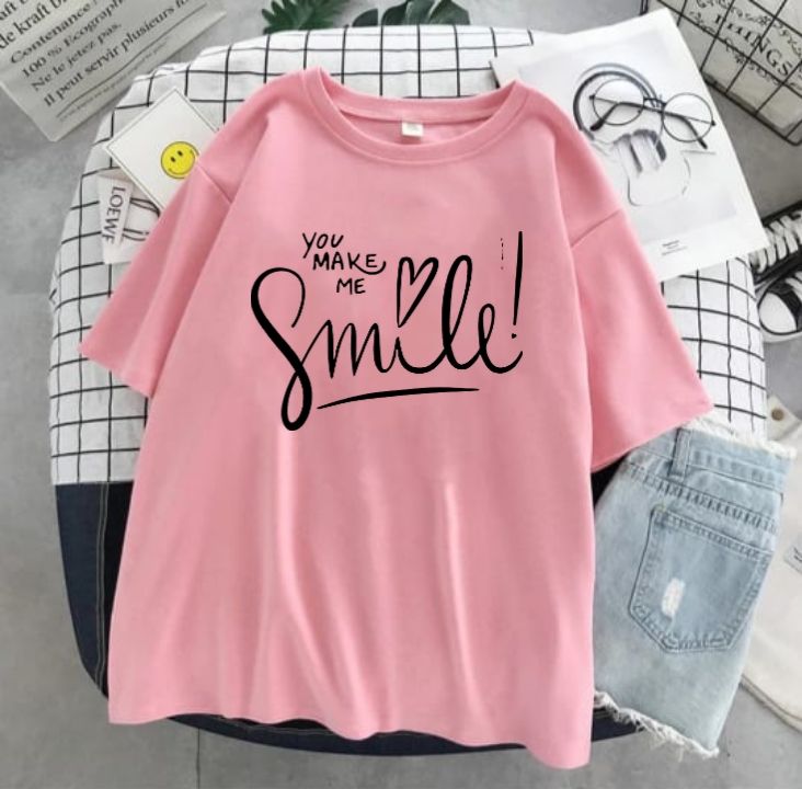 Pink T Shirt For Girls new and stylish design smile Print Summer Wear Round Neck Half Sleeves Shirt - Oshi.pk - Buy & Sell Online
