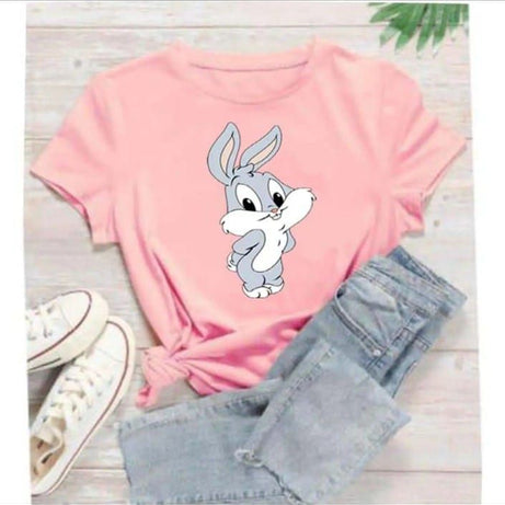 Pink T Shirt Trendy Cute Bunny Cartoon Printed Shirt Design Summer Shirt Half Sleeve for Girls & Women - Oshi.pk - Buy & Sell Online