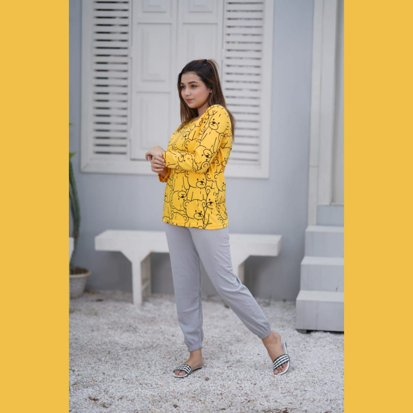 Yellow Bears with Plain Pajama Print Full Sleeves Night Suit for Her - Oshi.pk - Buy & Sell Online