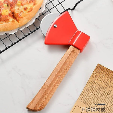 Pizza Cutter Wheel Axe Shaped Stainless Steel Pizza Knife With Bamboo Handles and Sharp Rotating Blade - Oshi.pk - Buy & Sell Online