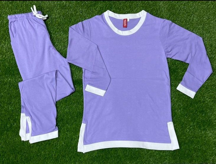 Plain Purple with White Round Neck with Palazzo Style Pajama Full Sleeves night suit for her - Oshi.pk - Buy & Sell Online