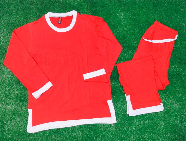Plain Red with White Round Neck with Palazzo Style Pajama Full Sleeves night suit for her - Oshi.pk - Buy & Sell Online