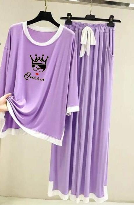 Queen Purple with White Round Neck with Palazzo Pajama Full Sleeves night suit for her - Oshi.pk - Buy & Sell Online