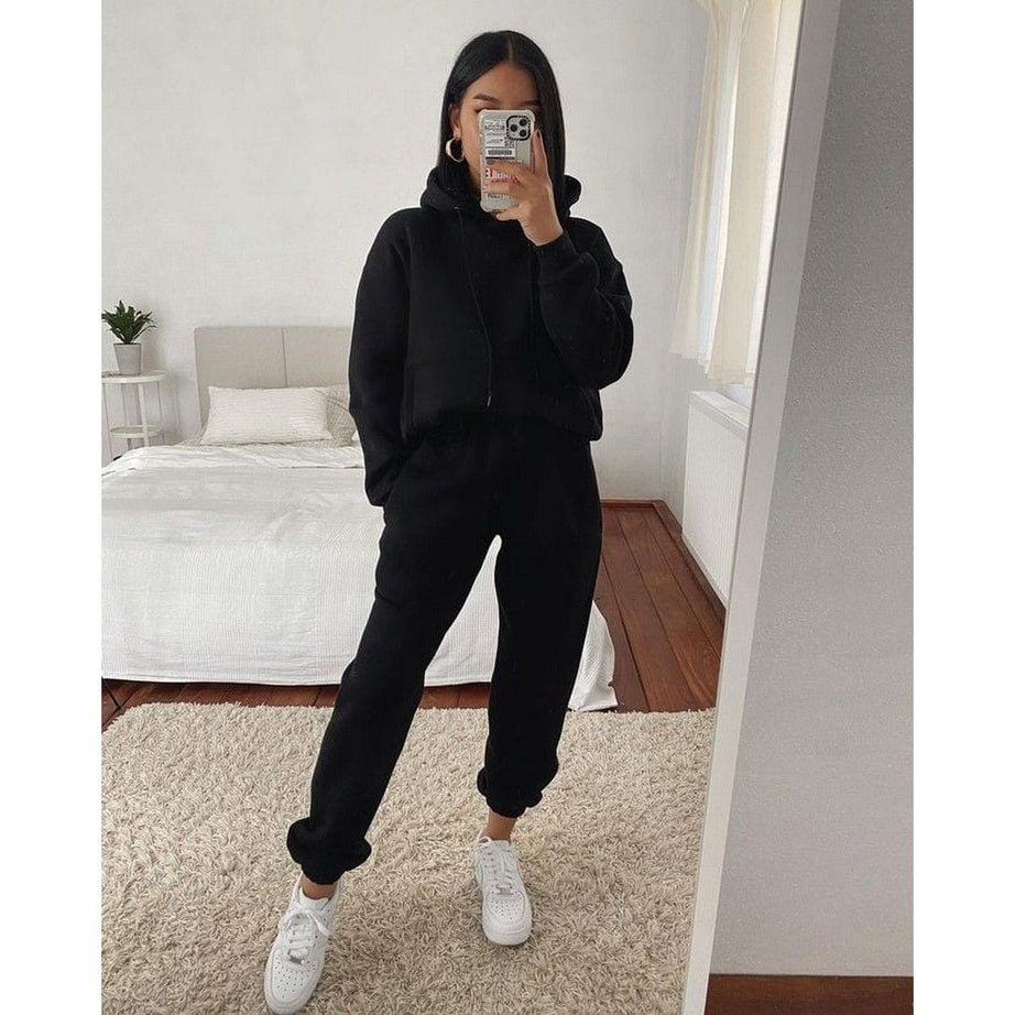 Plain Black Winter Tracksuit With Warm Fleece Hoodie and Trouser For Women - Oshi.pk - Buy & Sell Online