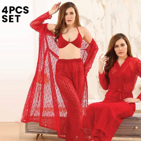 Pretty Wrap 4-Pieces Net Nightwear For Girls and Women - RED - Oshi.pk - Buy & Sell Online