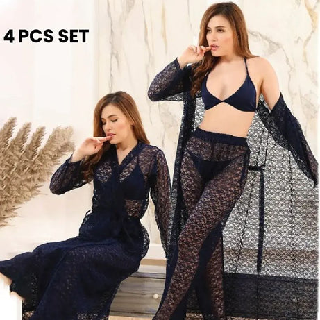 Pretty Wrap 4-Pieces Net Nightwear For Girls and Women - BLUE - Oshi.pk - Buy & Sell Online