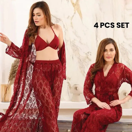 Pretty Wrap 4-Pieces Net Nightwear For Girls and Women - MAROON - Oshi.pk - Buy & Sell Online