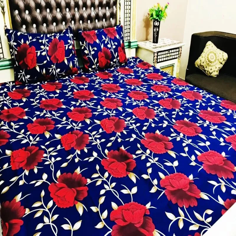 Printed King Size Bedsheet Set with Pillow cover Cotton BedSheet(Navy Red Rose ) Gift Pack - Oshi.pk - Buy & Sell Online