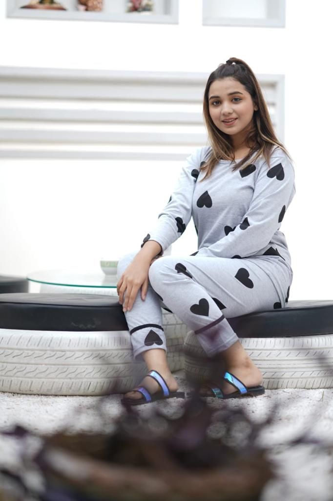 Grey Hearts Printed Tshirt Trouser Night Dress For Her - Oshi.pk - Buy & Sell Online