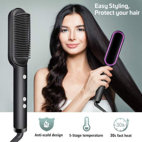 Professional Electric Hair Straightener Brush Heated Comb Straight & Curly Styling Tool