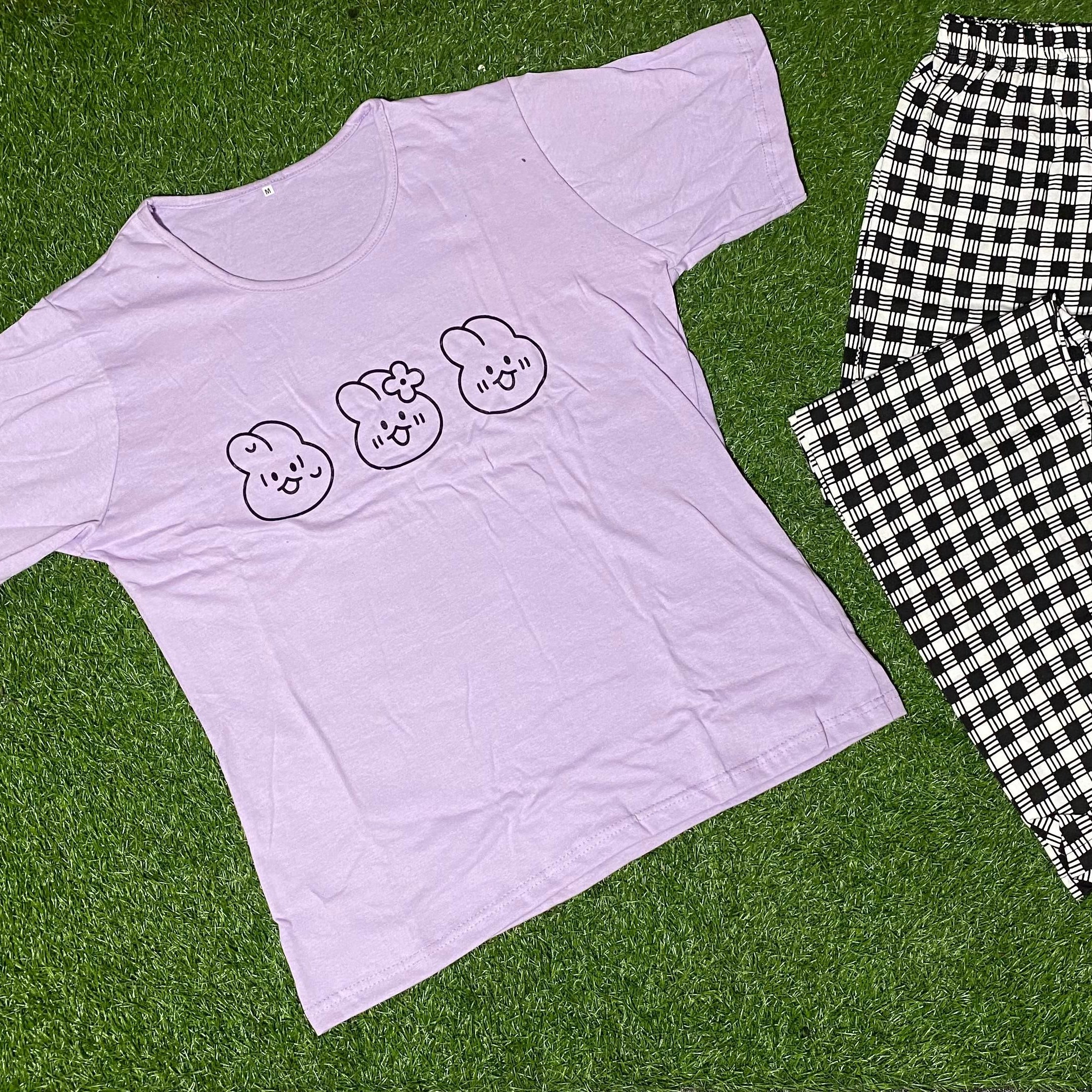 Purple Printed Half Sleeves Tshirt and Checkered Pajama Home Wear - Oshi.pk - Buy & Sell Online