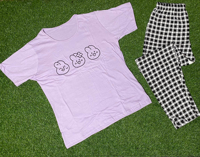 Purple Printed Half Sleeves Tshirt and Checkered Pajama Home Wear - Oshi.pk - Buy & Sell Online