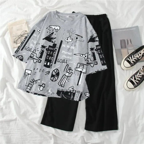 Grey Printed Half Sleeves Tshirt and Checkered Pajama Home Wear - Oshi.pk - Buy & Sell Online