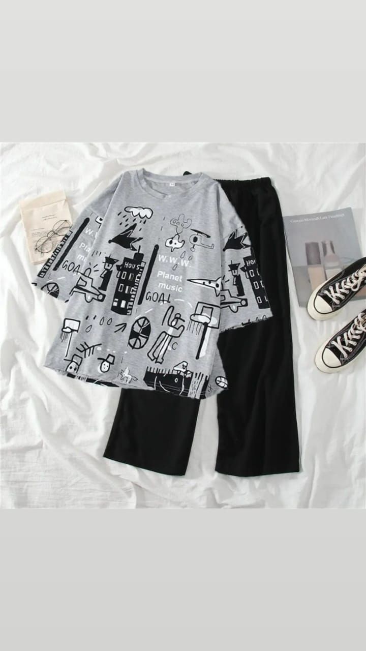 Grey Printed Half Sleeves Tshirt and Checkered Pajama Home Wear - Oshi.pk - Buy & Sell Online