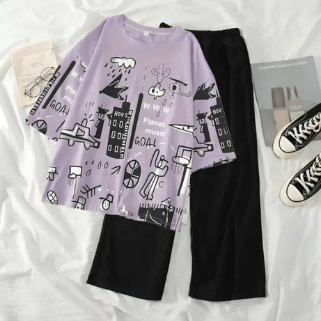 Purple Printed Half Sleeves Tshirt and Checkered Pajama Home Wear - Oshi.pk - Buy & Sell Online