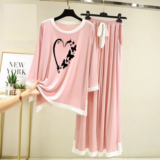 Heart Butterfly Purple with White Round Neck with Palazzo Pajama Full Sleeves night suit for her - Oshi.pk - Buy & Sell Online