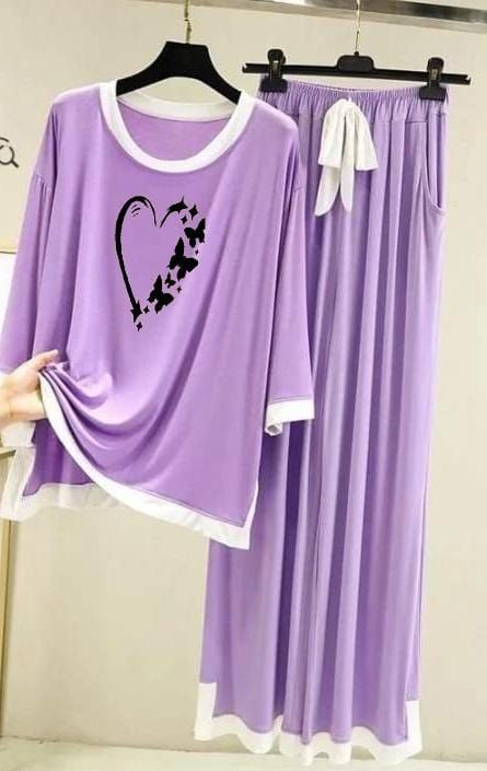 Heart Butterfly Purple with White Round Neck with Palazzo Pajama Full Sleeves night suit for her - Oshi.pk - Buy & Sell Online