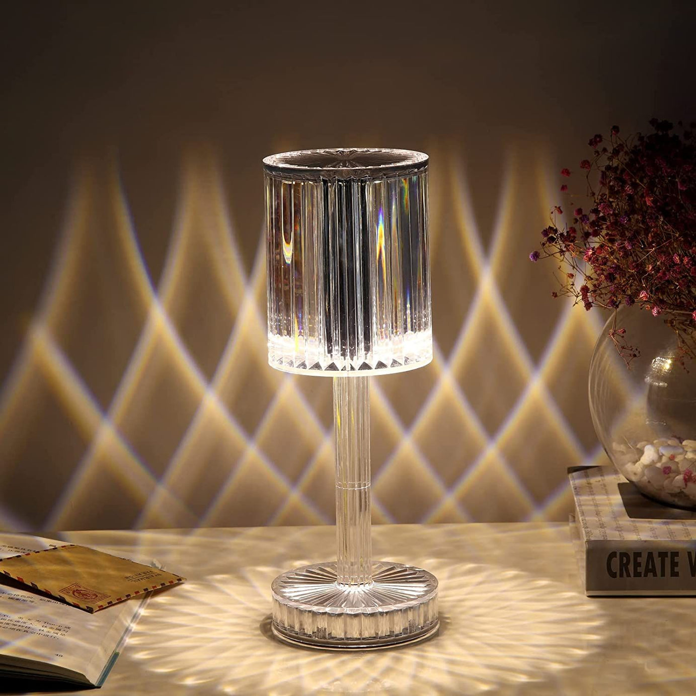 Rechargeable Diamond Crystal Table Lamp Acrylic Desk Decor Atmosphere Lamp LED Bedside Night Light For Bedroom/Living Room - Oshi.pk - Buy & Sell Online