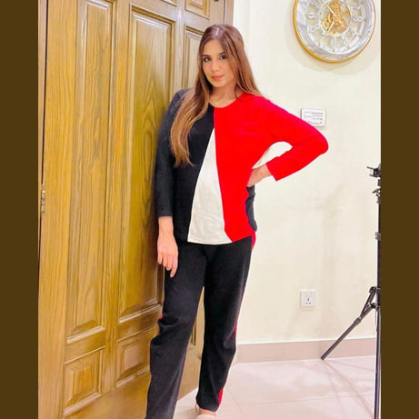 Red V Shape Panel Half Sleeves T Shirt with Panel Pajama Suit for her - Oshi.pk - Buy & Sell Online